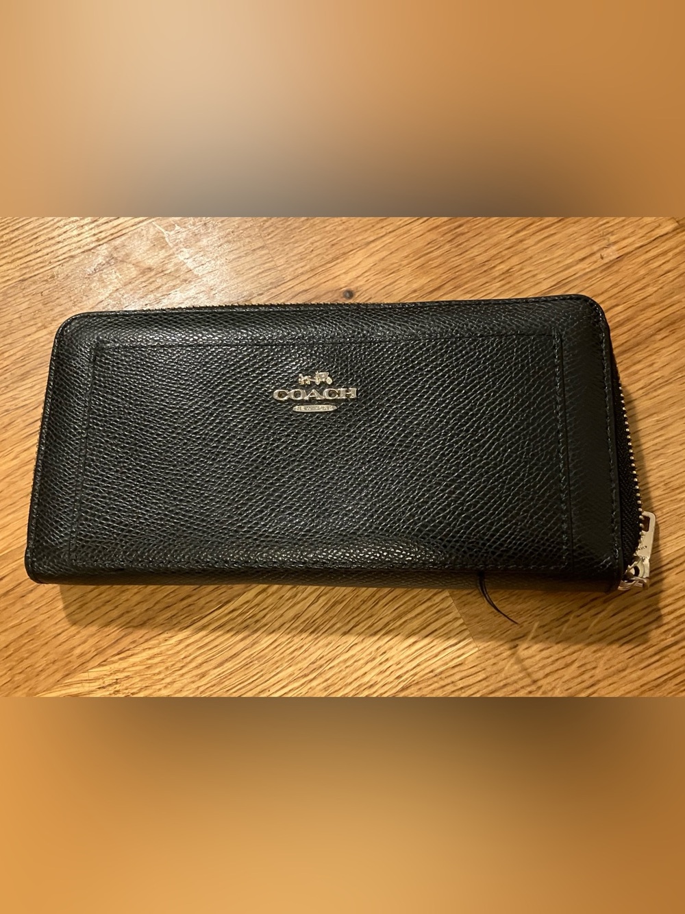 Coach Black Pebbled Leather Zip Wallet with Gold Logo